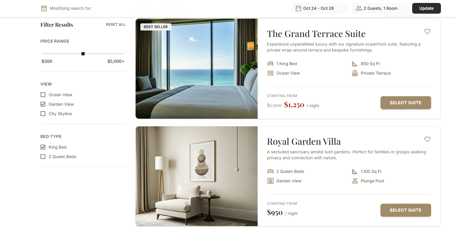 Booking engine showing room options, filters, rates, and Select Suite buttons