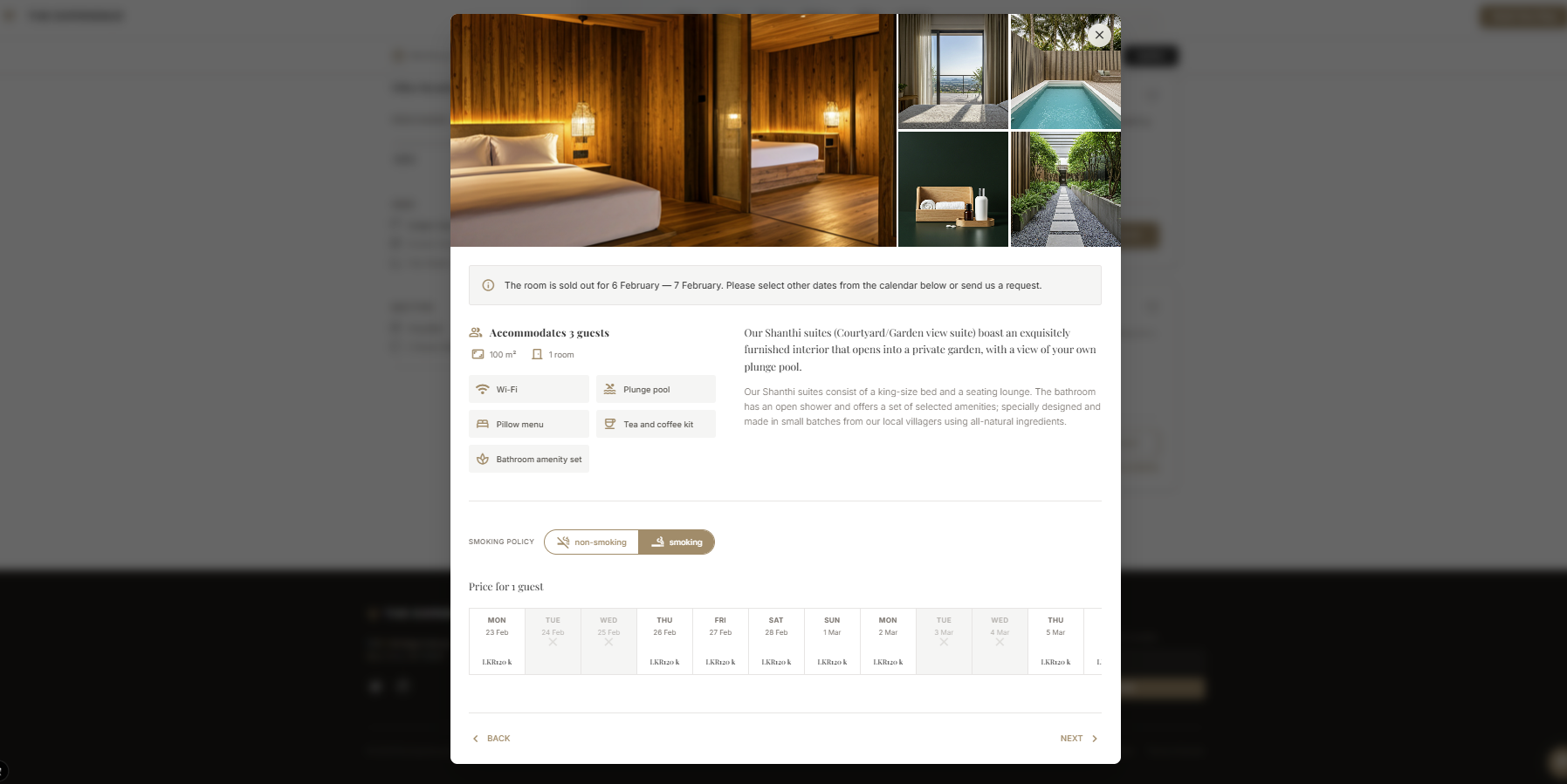 Sold-out room details with a calendar showing alternative available dates and prices