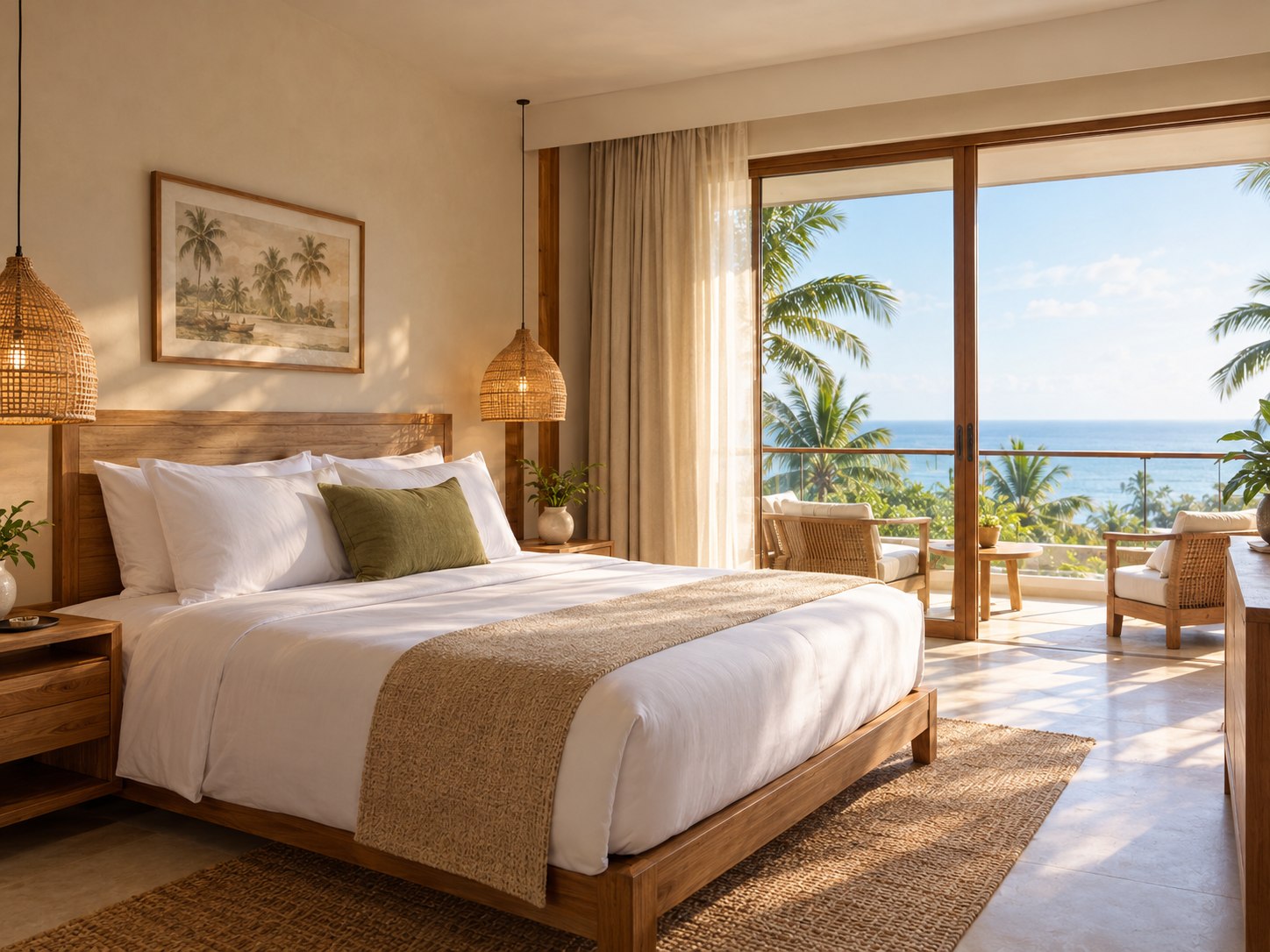 Bright coastal hotel room with a neatly made bed, warm wood furnishings, and an ocean-view balcony