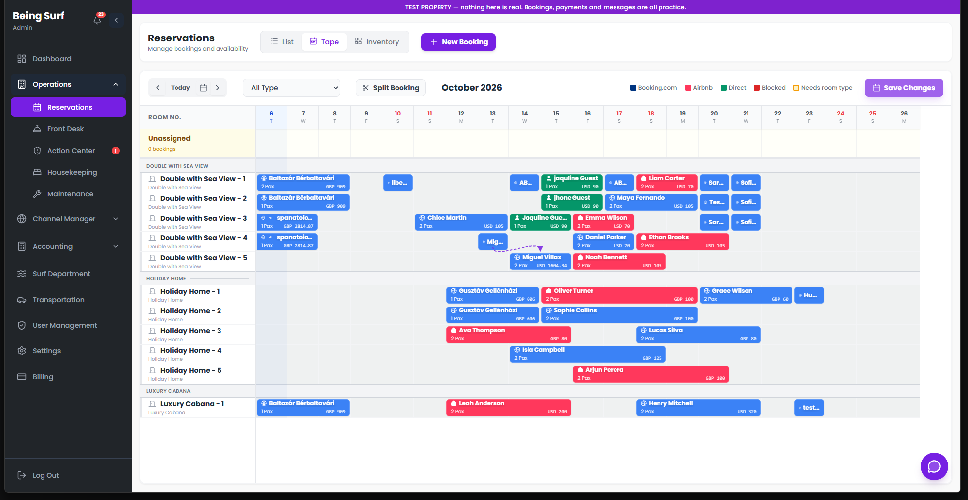 Reservation calendar showing room availability across booking channels
